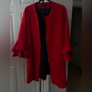 Zara Bright Red Ruffle Sleeve Coat